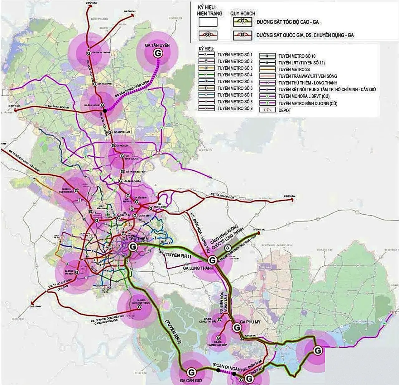 Bản đồ quy hoạch mạng lưới metro, đường sắt đô thị và vị trí các ga TP.HCM sau sáp nhập — tầm nhìn 100 năm