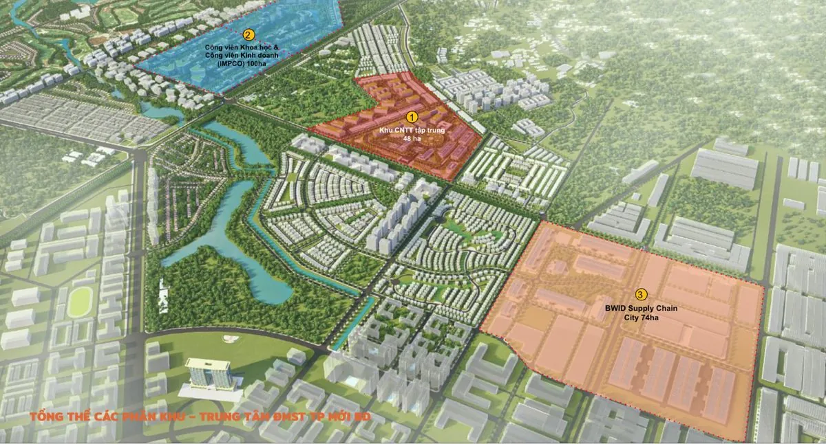 Tổng thể phân khu ĐMST TPMBD: ①Khu CNTT 48ha · ②IMPCO 100ha · ③BWID 74ha